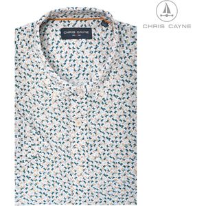 Chris Cayne heren overhemd met borstzak - maat L - overhemd heren - beige/blauwe print - overhemden korte mouw - herenshirt - dessin - print - 100% Katoen