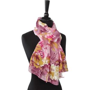 Roze dames sjaal met bloemen pioenrozen - half transparant viscose chiffon - 50 x 155 cm