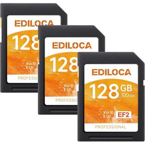 Ediloca SD-kaart 128 GB, 3 stuks, geheugenkaart, tot 100 MB/s, UHS-I, C10, U3, V30, Full-HD & 4K video, DSLR-camera SD-kaart, must-have voor professionele fotografen (EF2)