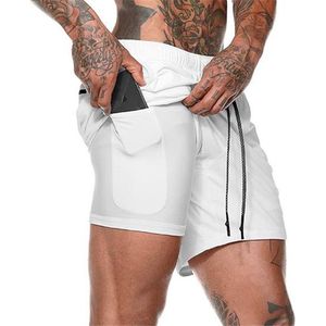 Bamled Sportbroekje voor Heren - Gym broek met binnenzak voor mobiel - 2 in 1 Pocket Shorts - Running, Fitness, Sport broekje - Quick Dry - Mobiel Zak - ( Wit - Maat L )