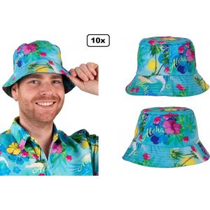 10x Vissers hoedje Hawaiiprint blauw - Hawai tropical festival thema feest zomer beach fun