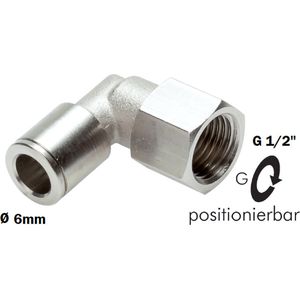 2 x G1/2'' - 6mm RVS Push-in fitting knie binnendraad - RVS haakse Push-in fitting met G1/2''BSPP binnendraad - Luchtkoppeling - Pneumatische/pneumatiek kniekoppeling - Connector koppeling voor luchtslang 6mm - Stekker koppeling - Lucht adapter