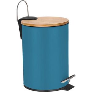 Perel metalen pedaalemmer met bamboe deksel, uitneembare emmer, handgreep en antislippedaal, roestvrijstalen behuizing, ideaal voor thuis en op kantoor, inhoud 3 liter, rond Ø 17 x 24.5 cm, blauw