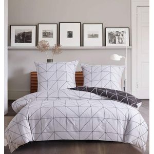 Beddengoed, geruit, 135 x 200 cm, zwart, wit, grijs, geometrisch geruit, omkeerbaar dekbedovertrek, kussensloop 80 x 80 cm, met ritssluiting