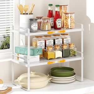 Uitbreidbaar keukenrek, organizer, 2 stuks, stapelbaar, keukenrek, werkblad, organizer, kruidenhouder, rekinzetstuk voor keukenkast voor keuken, badkamer, tafelblad, dressoir (wit)