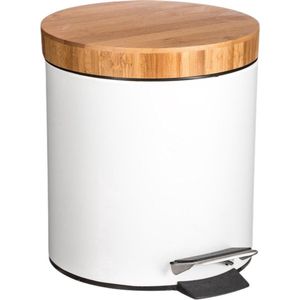 Stijlvolle prullenbak met bamboe deksel | wit | hout | Klein formaat | 3L | badkamer | wc | keuken | kantoor | horeca prullenbak