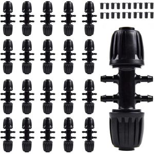 T-stuk-connectoren met weerhaken voor druppelirrigatie - 20 stuks - 1/2 inch tot 1/4 inch - Anti-drop - Zwart .