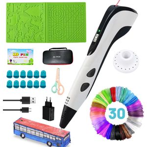 MØBLER & CO 3D Pen Starterspakket - met 150m 3D Pen Navulling in 30 Kleuren - Geschikt voor ABS & PLA Filament - Inclusief 3D Pen Vullingen, Tekenmat, Boek, Houder, Lader USB C,Kinderschaar, Vingercondoom & Opbergcase - Wit