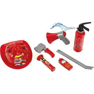 Klein Toys 7-delige brandweerset - brandblusser, zaklamp, koevoet, bijl, helm, mobiele telefoon, megafoon - incl. 0,5 L watertank - rood grijs