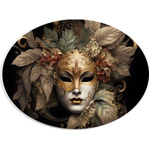 PVC Schuimplaat Ovaal - Venetiaanse carnavals Masker met Gouden en Beige Details tegen Zwarte Achtergrond - 28x21 cm Foto op Ovaal (Met Ophangsysteem)