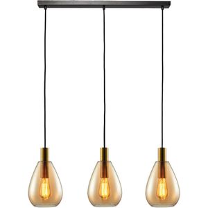 Moderne Hanglamp Dorato | 3 lichts | goud / zwart | glas amber / metaal | Ø 18,5 cm | in hoogte verstelbaar tot 150 cm | eetkamer / eettafel lamp | modern / sfeervol design | lengte van 100 cm