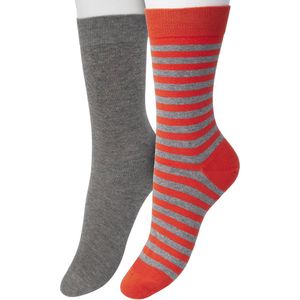 Bonnie Doon Sokken Set Gestreept en Effen voor Dames Rood/Grijs maat 36/42 - Set met 2 paar Sokken - Strepen - Katoenen Sok - Gladde Naden - Brede Boord - Perfecte Pasvorm - 2-pack - Multipack - Poinciana - Anthracite Heather - OL041101.324
