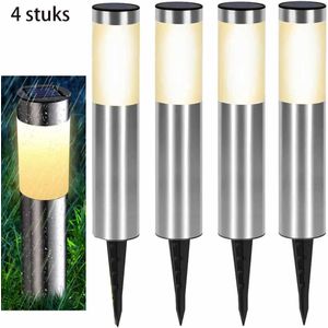Meedeer Tuinverlichting op zonne energie-Solar Tuinlamp-Padverlichting-4Stuks Solar Tuinverlichting-Warm licht-Zonne verlichting voor buiten-buitenlamp-landschap stok lamp buiten-Gazon lamp Cilindrisch steek lichten zaklamp straatlantaarn(Zilver)