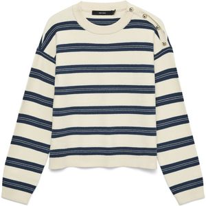 Vero Moda Trui Vmgold Stripe Ls O-neck Pullover 10337908 Birch/w. Dark Denim Dames Maat - M