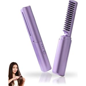 Nieuwste haarborstel, draadloze stijl- en krulborstel, 2-in-1 snel verwarmende haarstylingtool, draagbare stylingtool voor alle haartypes (paars)