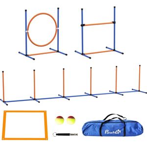 PawHut Hunde Agility Set, 4er-Set Hundetraining mit Höhenverstellbaren Agilityhürden, Flechtstangen, Pausenbox, Springring, Steckhürdenset inklusive Pfeife, Tragetasche