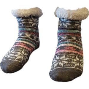 Huissokken - Kerstsokken - Wintersokken - Warme wintersokken - Thermo - Gevoerd - Meisjes - Kleur Lichtgrijs met Wintermotief - Maat 32/35 - Antislip - Cadeau - Kerst