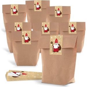 50 kleine papieren zakken bruin natuur 165 x 26 x 66 cm met kerstmis heilige NIKOLAUS SANTA stickers - rood wit beige - klassieke geschenkverpakking - kraftpapier - vullen papieren zakjes
