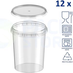 12 x plastic bakjes met deksel - 1000 ml - ø11,8 cm - vershoudbakjes - meal prep bakjes - rond - transparant - geschikt voor magnetron, vaatwasser en diepvries - Nederlandse producent
