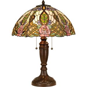 HAES DECO - Tiffany Tafellamp Ø 47x61 cm Groen Roze Glas Halfrond Roos Tiffany Bureaulamp Tiffany Lampen Glas in Lood