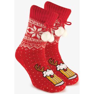 1 paar heren kerst huissokken met bierglas rood - Maat 43/46 - 100% Acryl - Extra zacht