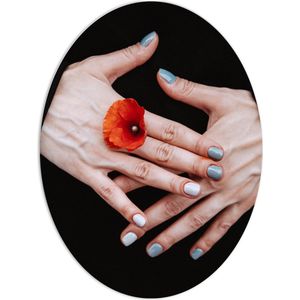PVC Schuimplaat Ovaal - Vrouwen Hand met Bloem tussen Vingers en Blauw Gelakte Nagels - 60x80 cm Foto op Ovaal (Met Ophangsysteem)
