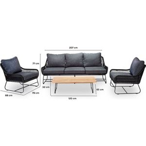 LUX outdoor living Portofino stoel-bank loungeset 4-delig | aluminium + teakhout | zwart | 5 personen
