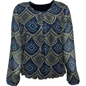 Pink Lady dames blouse - blouse dames - lange mouwen - blauw/beige print - elastiek - M201 - maat S