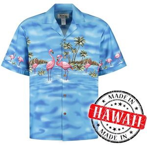 Hawaii Blouse - Shirt - Hemd - 100% Katoen - Overhemd Heren Korte Mouw - Made in Hawaii ""Flamingo in het Water"" Maat L