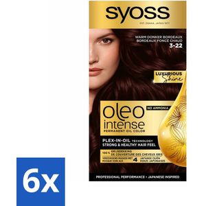 6 x SYOSS - Oleo Intense 3-22 - Haarverf - Permanente Haarkleuring - Warm Donker Bordeaux - Langdurige Kleur - Permanente Haarkleuring - Bordeauxrode Haarkleur - Warme Haarkleur - Haarkleuring Zonder Ammoniak - Argan Olie