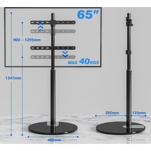 TV-vloerstandaard voor 32 tot 65 inch LED LCD OLED platte gebogen tv's met ± 90 graden draaibaar, in hoogte verstelbaar moderne hoge tv-standaard tot 40 kg, kabelbeheer Eenvoudige montage Max VESA 400x400 zwart