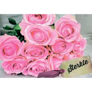 Sterkte! Wordt maar snel weer beter. Een bijzondere wenskaart met mooie felle rozen in een mooie roze kleur. Een dubbele wenskaart inclusief envelop en in folie verpakt.