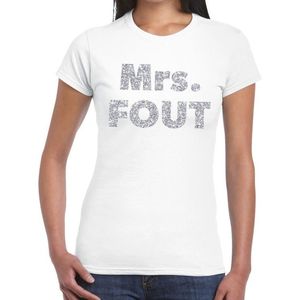 Mrs. Fout zilver glitter tekst t-shirt wit dames - Foute party kleding M