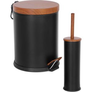 Tiss® - Pedal Bin Classic Pedaalemmer -  2-delig- Badkamer en Toilet- 5 l - Prullebank - Zwart / Bruin - Metaal / Bamboe - Rond