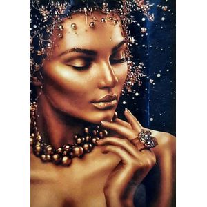 Denza - Diamond painting goud bronzen vrouw 40 x 50 cm volledige bedrukking ronde steentjes direct leverbaar - gold - women - mooie - beauty - vrouw - sieraden