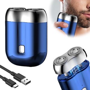 Baardtrimmer-baardtrimmer mannen-baard trimmer-Nieuw geüpgraded mini-scheerapparaat - USB-mini-scheerapparaat voor heren - Afwasbaar scheerapparaat met twee koppen - Oplaadbaar, waterdicht elektrisch scheerapparaat - Blauw - 7 x 5,3 x 2,3 cm