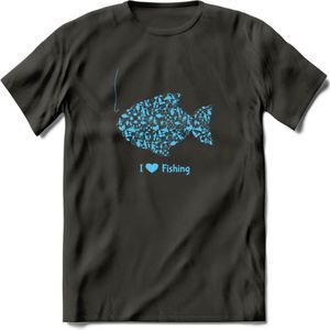 I Love Fishing - Vissen T-Shirt | Blauw | Grappig Verjaardag Vis Hobby Cadeau Shirt | Dames - Heren - Unisex | Tshirt Hengelsport Kleding Kado - Donker Grijs - 3XL