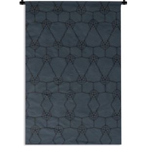 Wandkleed Luxe patroon - Luxe patroon van zwarte bloemen en lijnen op een donkerblauwe achtergrond Wandkleed katoen 60x90 cm - Wandtapijt met foto