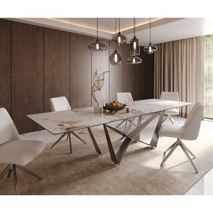 Eetkamertafel Edge keramiek Minas Melange wit-beige 300x100 spider vlak staal RVS