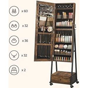 Gran Vida® - Sieradenkast met Spiegel - Verrijdbaar - Inclusief Opslag voor Juwelen en Make-up - Rustiek Bruin - Met Industriële Look