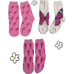 Nature Planet -kindersokken - set van 3 roze sokken - flamingo - vlinder - zeepaardje (100% Oeko-tex gecertificeerd) maat 23-28