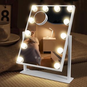 Hollywood spiegel met verlichting en USB-oplaadaansluiting - 12 dimmers lampen - 3 lichtmodi - wandmontage - wit 40 x 30 cm