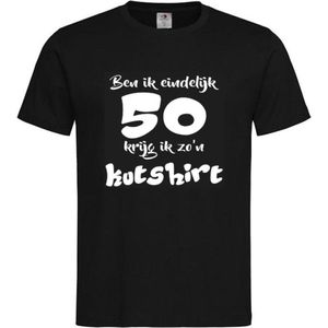 T-shirt Unisex Volwassenen Lol - carnaval - kermis - feestje - grappig - verjaardag Tekst ""Ben ik eindelijk 50 krijg ik zo'n kutshirt"" Op Voorkant | korte mouw | Zwart/wit | maat XXL