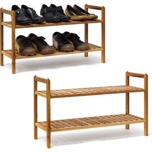 relaxdays 2 x schoenenrek notenhout in set - schoenenkast stapelbaar - elk 2 etages - open