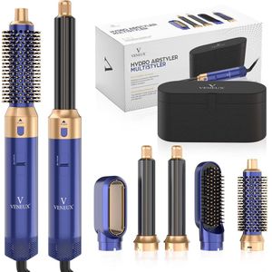 VENEUX® Föhnborstel - Airstyler - Krulborstel - Warmteborstel - 5 in 1 Multistyler - Met Opbergcase - Blauw Met Goud