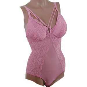 Dames - Bodystocking - Lingerie - Met Kant en doorzichtig Lijfje - Corrigerend - Kleur Rose - Maat 34-36 - Cadeau - Kerst