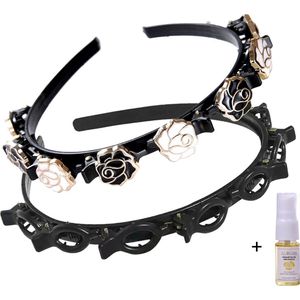 Aurgan Haarband met Klepjes - Zwart-wit bloemen + Zwarte Band - met 10ml Arganolie - diadeem met klemmen - haarversiering - haarsieraad