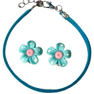 2 delig setje- enkelbandje - oorclips - bloem- blauw -Charme Bijoux