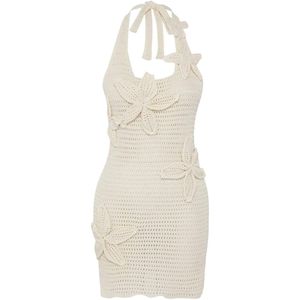 Trendyol Ecru Bloemendetail Halternek Gebreide Gehaakte Strandjurk Tbess25El00145