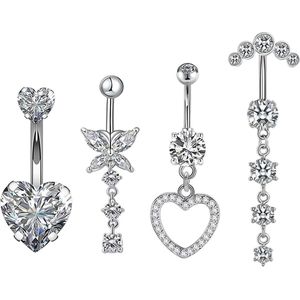 Bungelende hartvormige navelring - 4 stuks zilveren navelnagels - Roestvrij stalen buiksieraad piercingset .